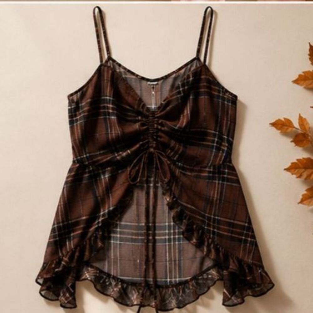 Good Days Project Brown Plaid Sheer Mesh Ruched Cami Top Size XL